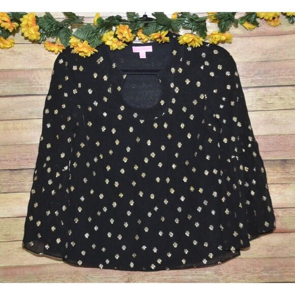 Lilly Pulitzer Ladies XXS Black Silk Blouse Gold Metallic Dots Bell Sleeve - Picture 1 of 11